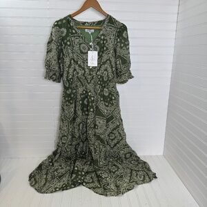 NEW Polagram The Takita Paisley Patterned Midi Dress Green Large